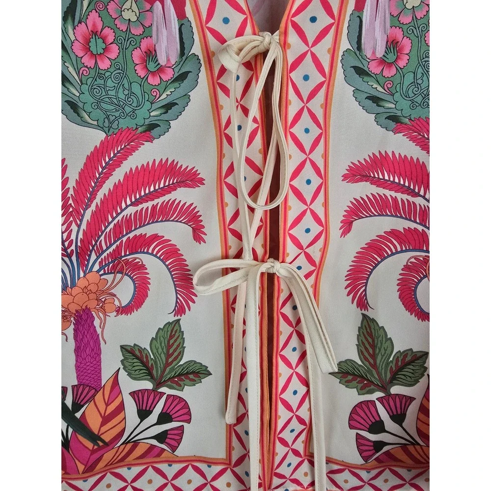 Women's Cardigan Blouse 2XL Cream Tropical Toucan Tie Front Boho Relaxed Fit